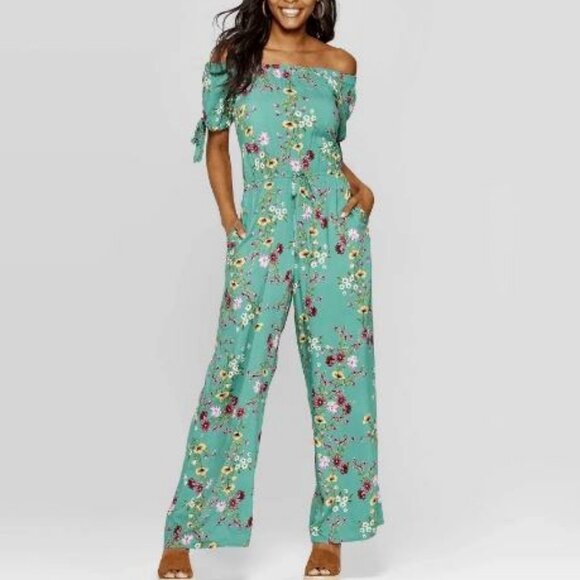 Xhilaration Pants - Xhilaration Floral Short Sleeve Off the Shoulder Tie Sleeve Jumpsuit Size Medium